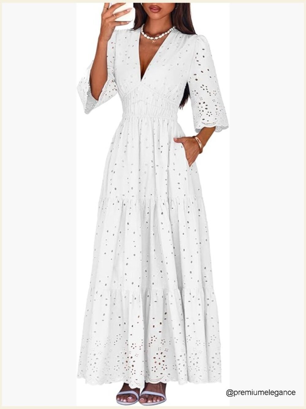 Long Sleeve Maxi Dress V Neck Hollow Out Ruffle A-Line Cotton Casual